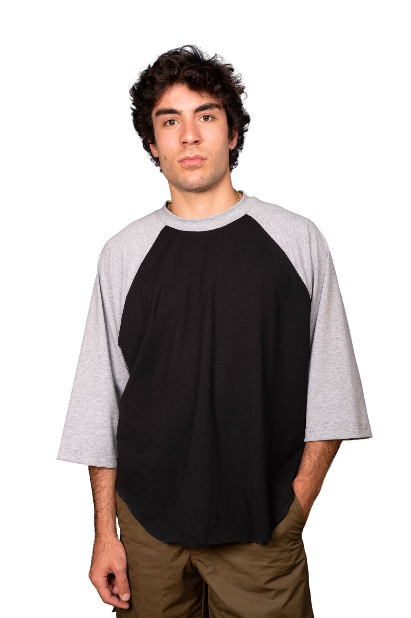 BLACK/GRAY COTTON JERSEY "RAGLAN" T-SHIRT