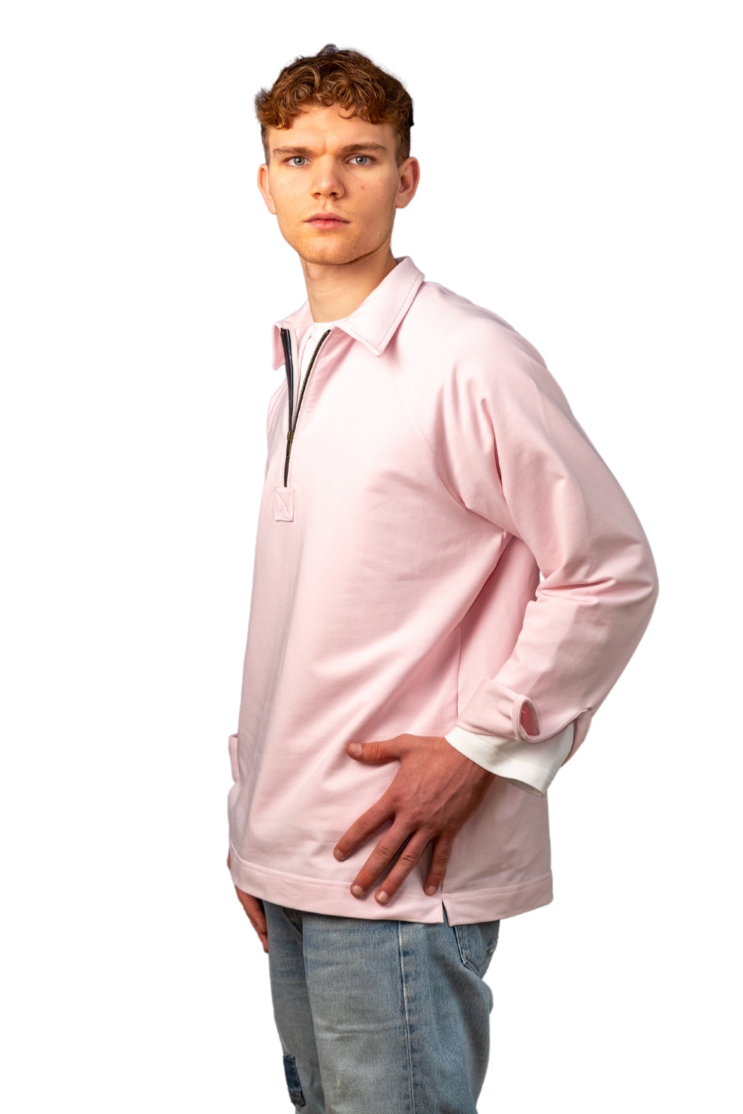 “OPEN” - PINK COTTON JERSEY SWEATSHIRT CASUAL POLO SHIRT