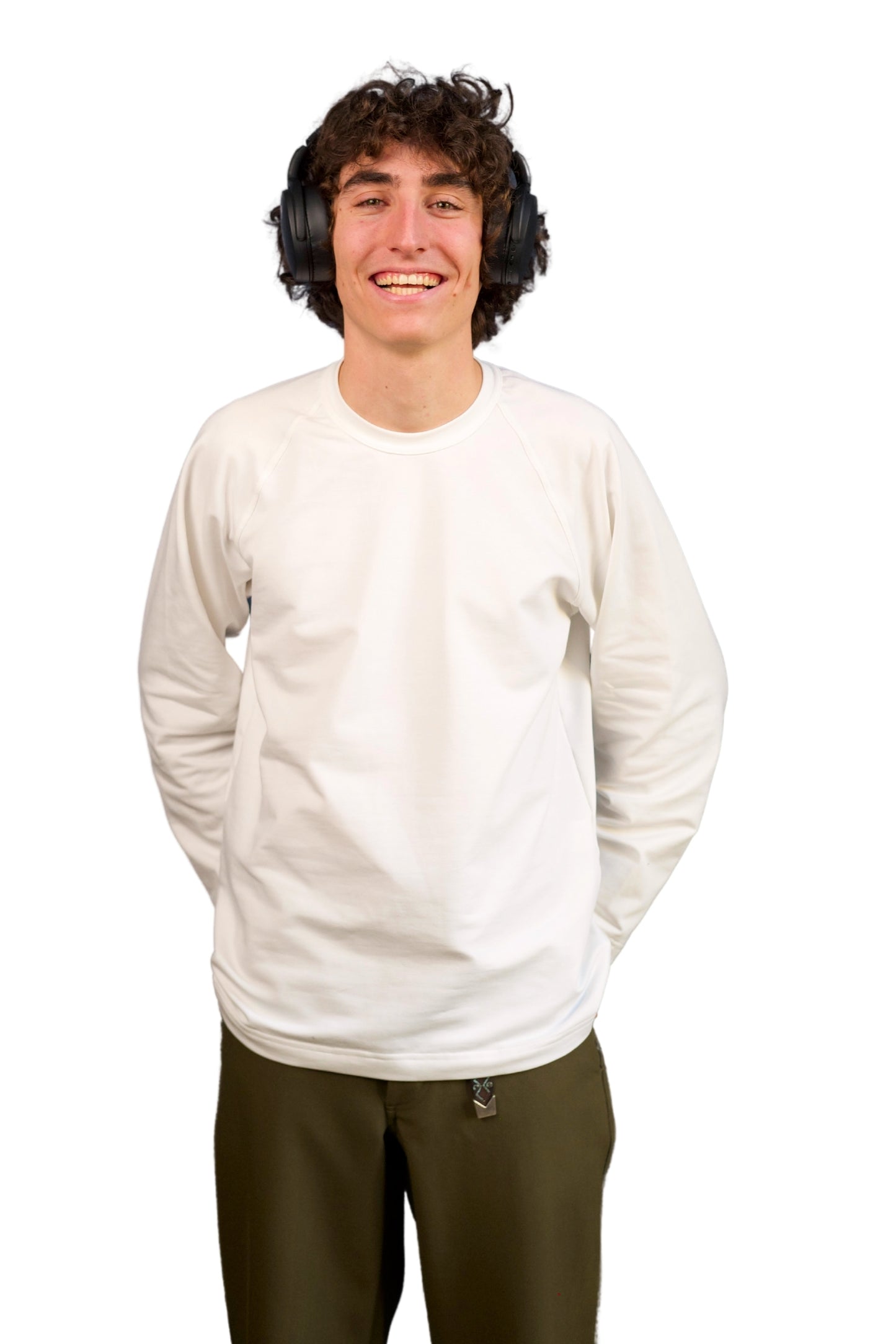 WHITE COTTON JERSEY FLEECE LONG SLEEVE “RAGLAN” T-SHIRT