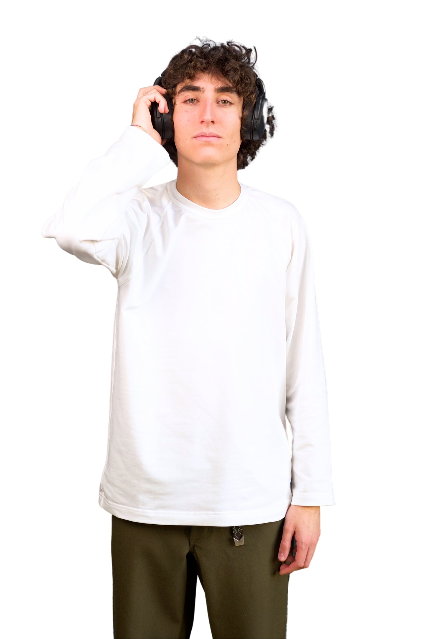 WHITE COTTON JERSEY FLEECE LONG SLEEVE “RAGLAN” T-SHIRT