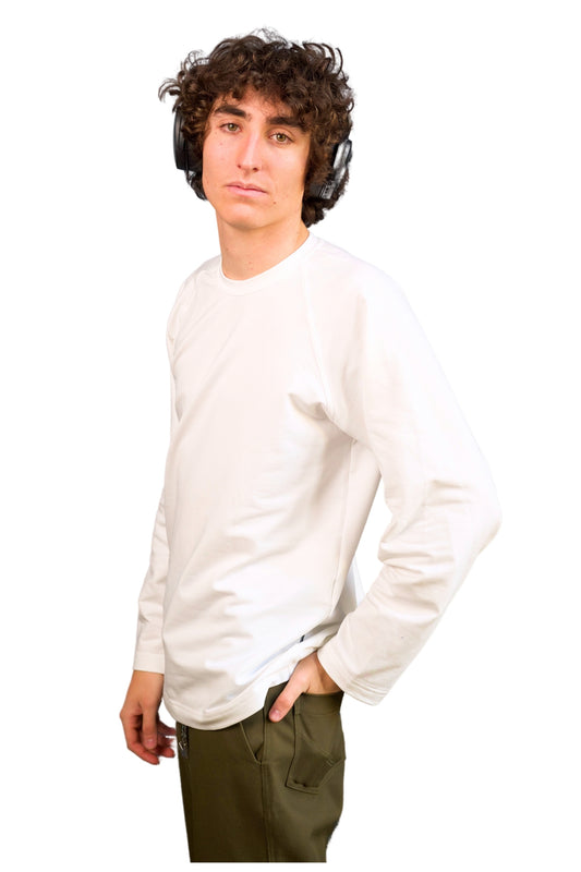 WHITE COTTON JERSEY FLEECE LONG SLEEVE “RAGLAN” T-SHIRT